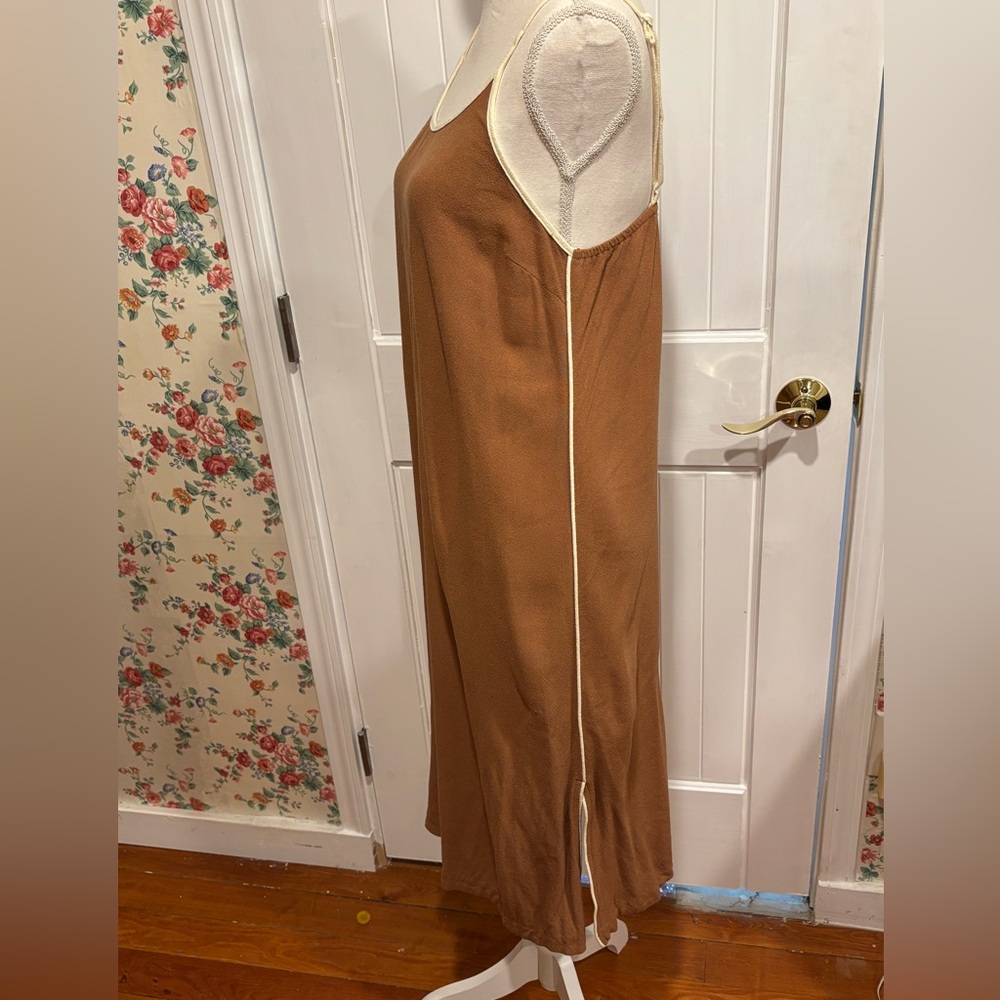 Brown Linen Blend Slip Dress Midi Minimalist Coastal Quiet Luxury Size M - Picture 5 of 11